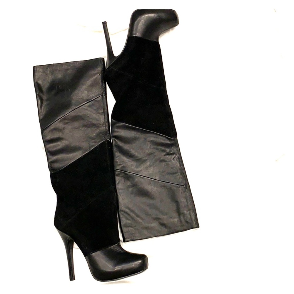 Black knee high genuine leather and suede boots